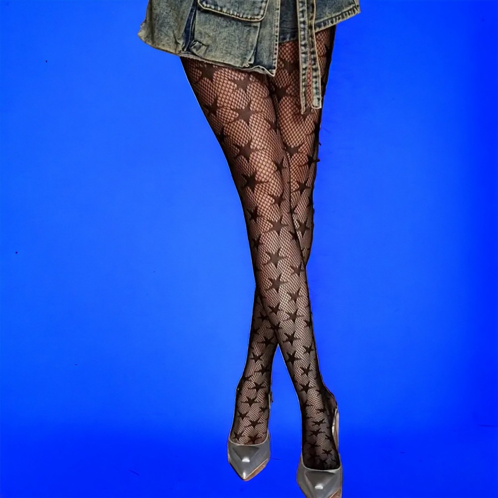 Black Jacquard‎ Fishnet High Waist Footed Tights With Star Pattern One Size